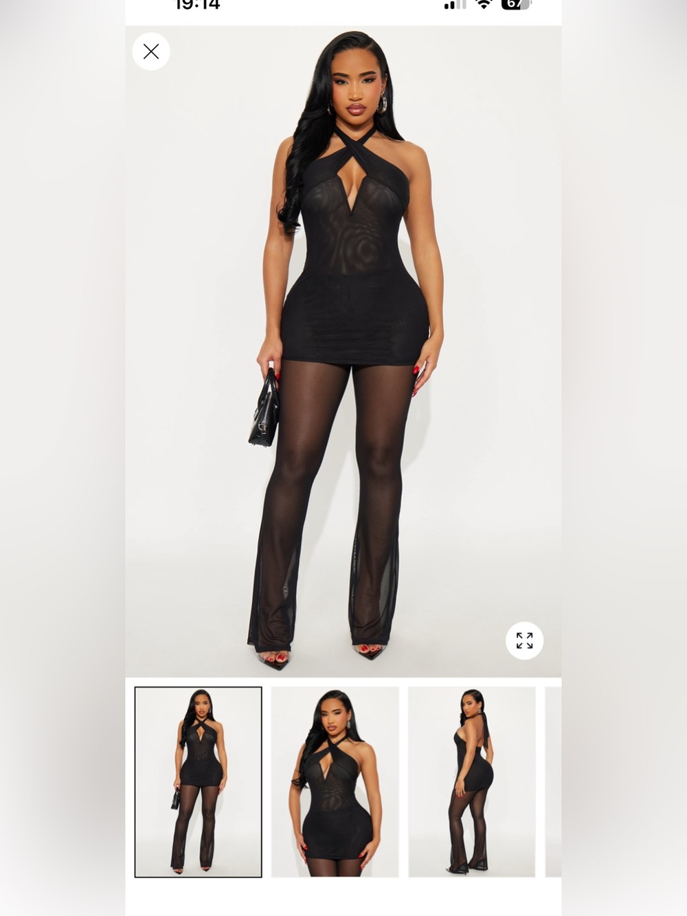 2/90$🔥Sheer Black Crisscross Halter Mini Dress with Flared Mesh Pants